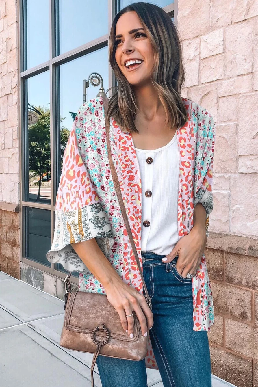 "SheWin Women's Multicolor Floral Boho Cover Up with Bell Sleeves & Open Front"