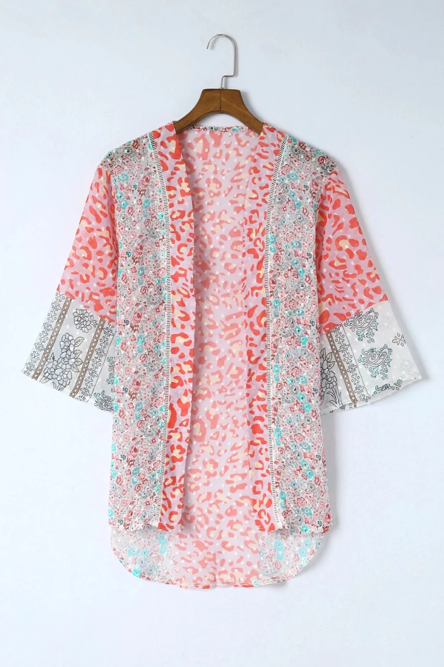 "SheWin Women's Multicolor Floral Boho Cover Up with Bell Sleeves & Open Front"