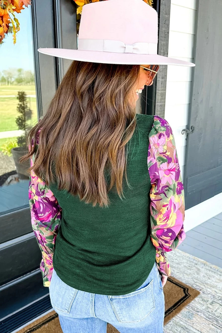 Shewin Women's Mist Green Floral Print Puff Sleeve Frilled Neck Ribbed Top