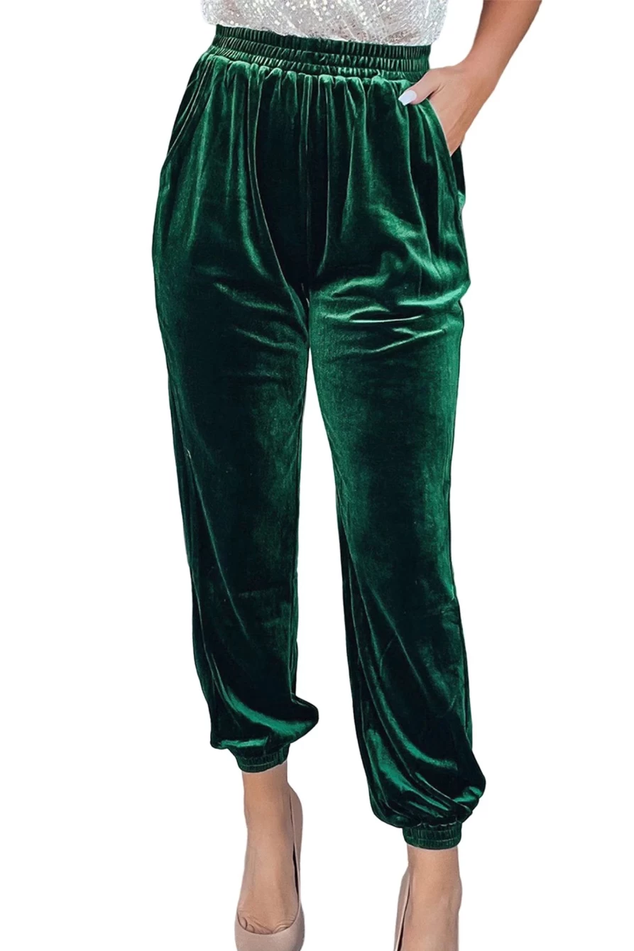 Shewin Women's Green Vintage Velvet Jogger Pants - Stylish Comfort Pocket Sweatpants