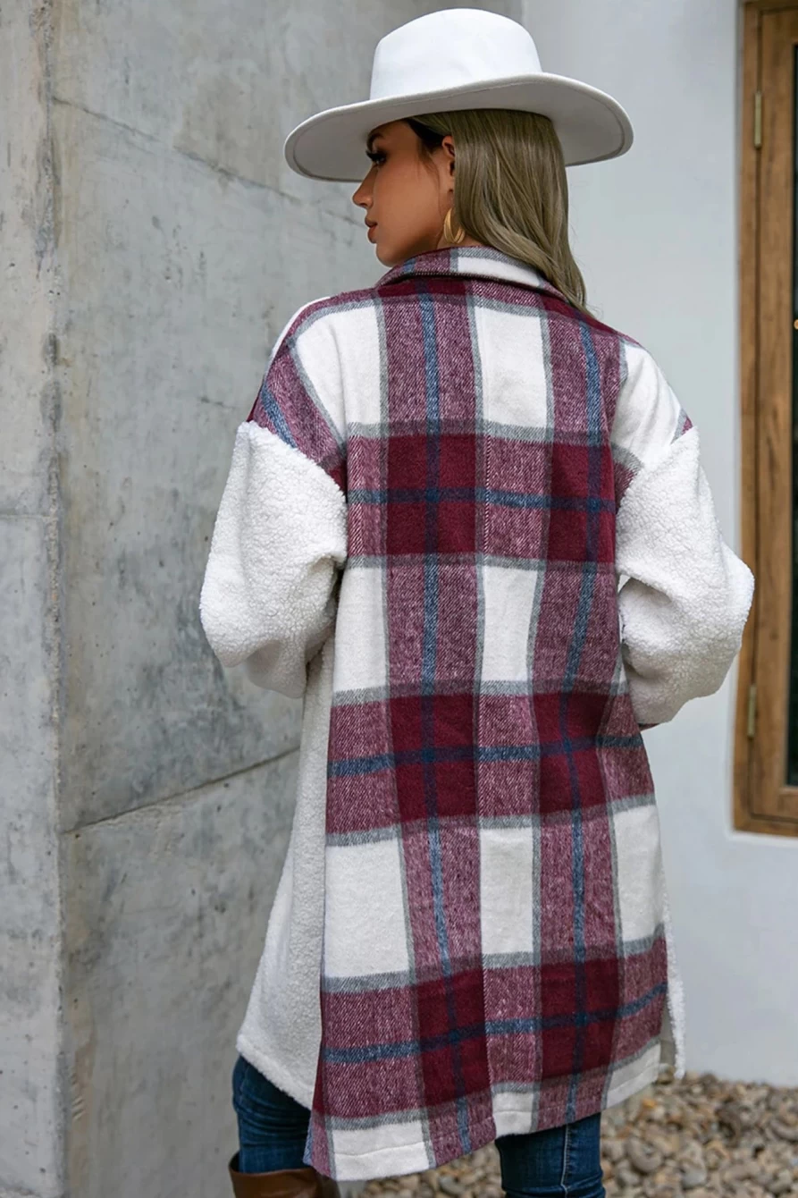Shewin Women's Red Polar Fleece Plaid Midi Coat with Pocket & Button Up