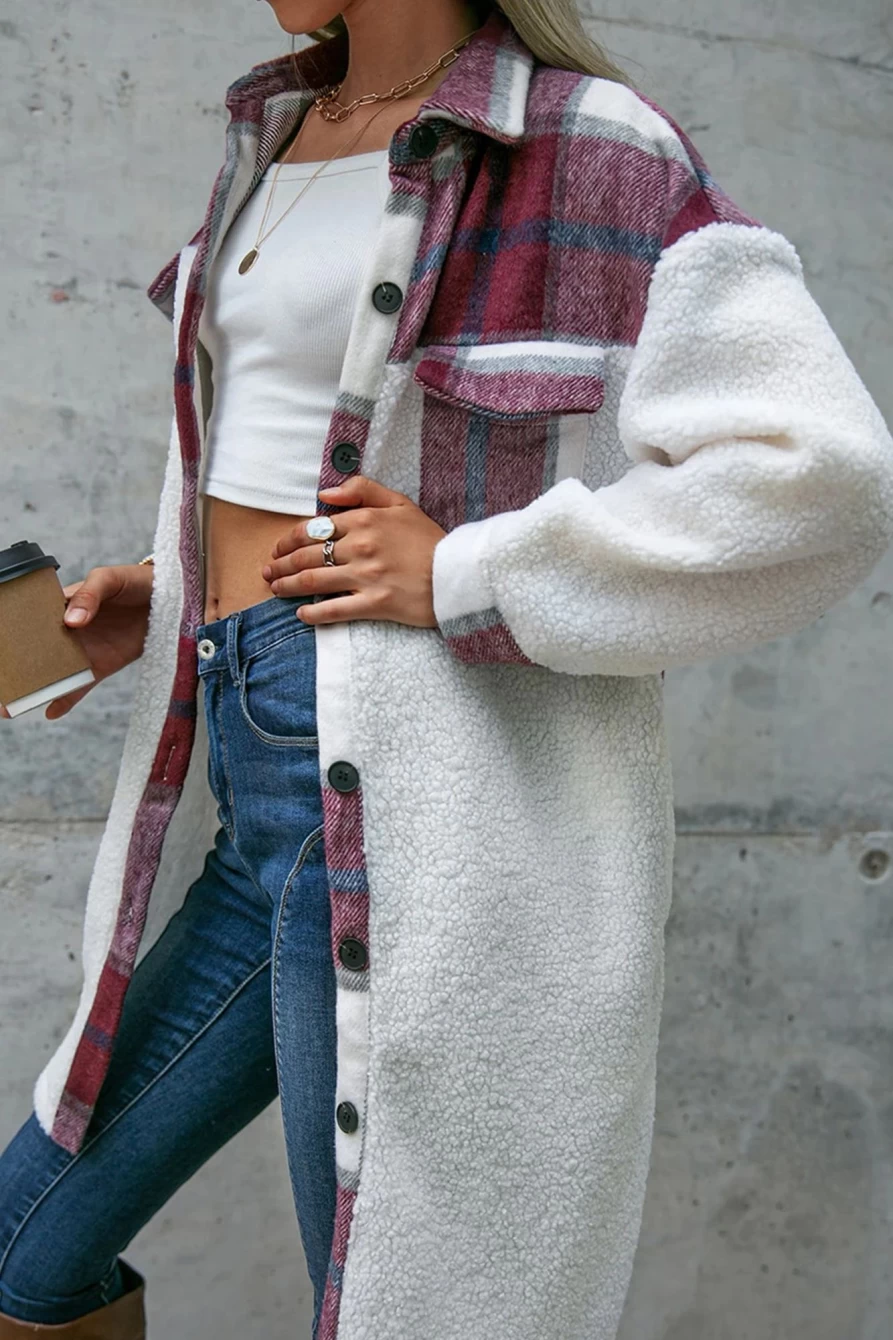 Shewin Women's Red Polar Fleece Plaid Midi Coat with Pocket & Button Up
