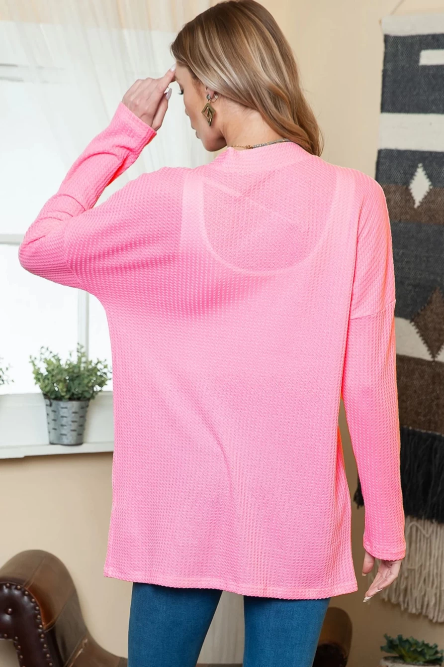 Shewin Women's Pink Waffle Knit Lightweight Drop Shoulder Cardigan Sweater
