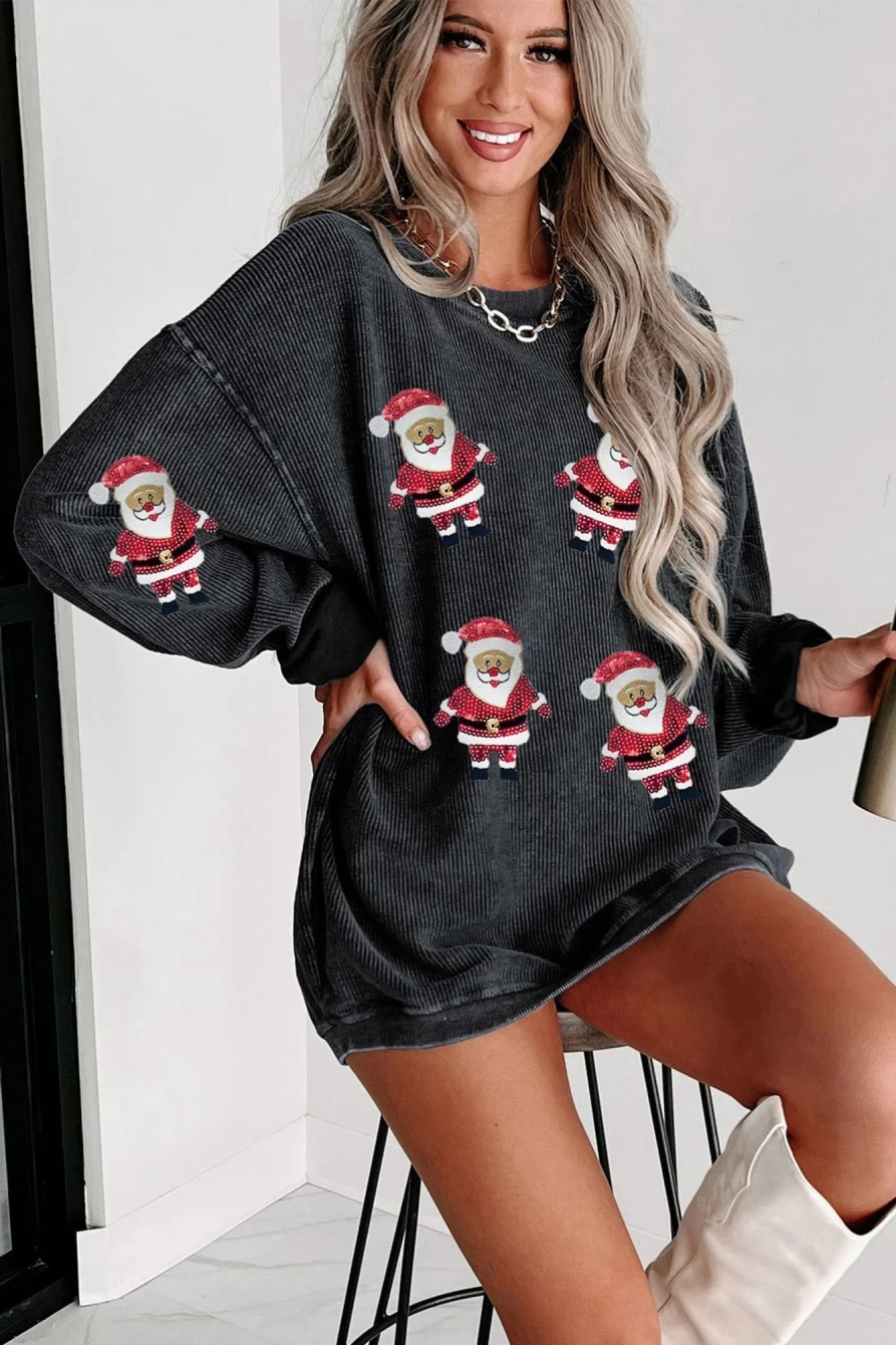 Shewin Women's Black Christmas Santa Claus Graphic Crewneck Sweatshirt