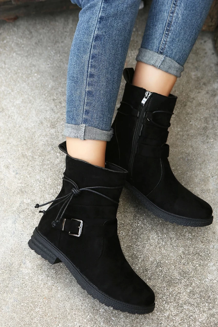 Shewin Women's Black Faux Suede Ankle Boots with Zip-Up & Buckle Straps
