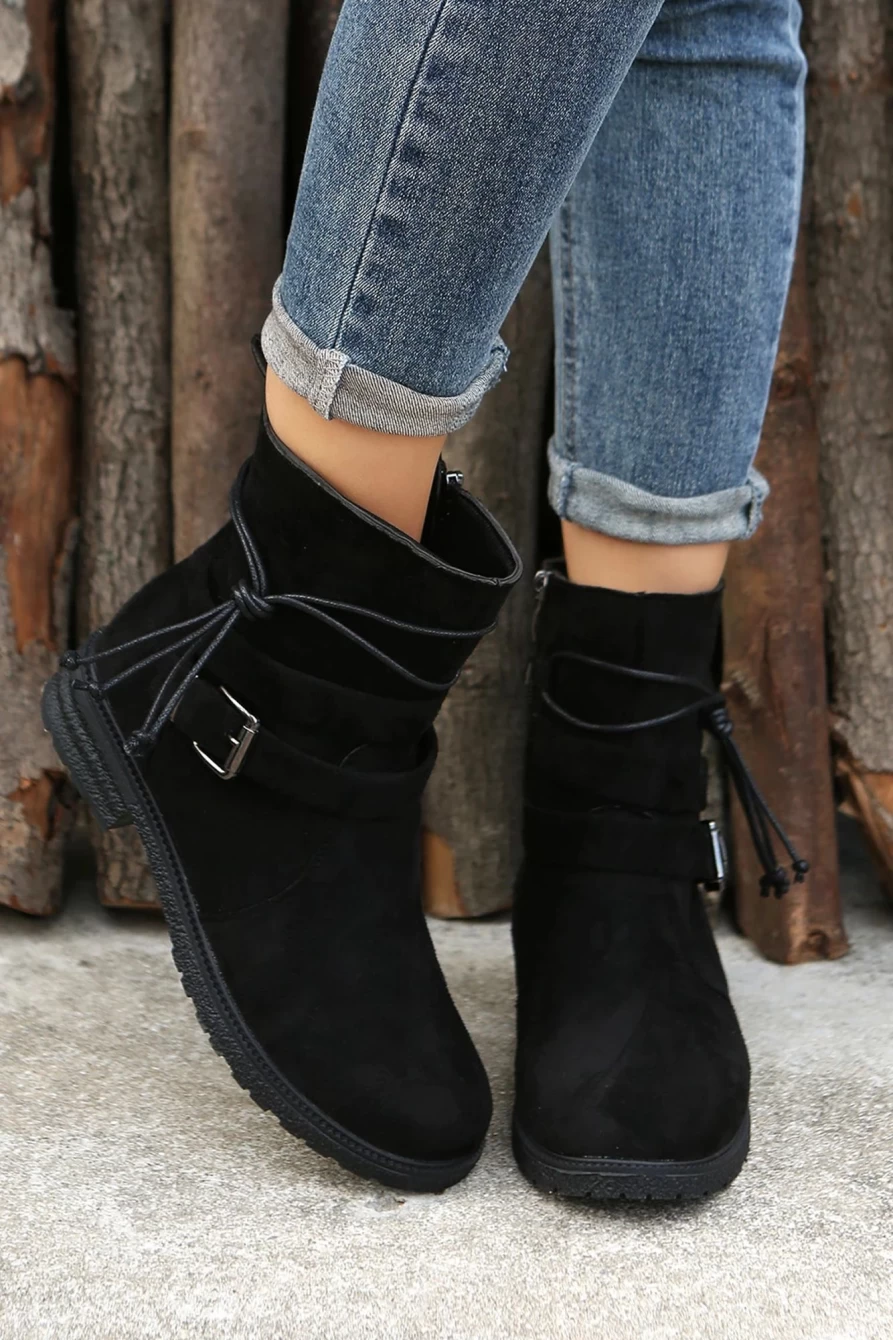 Shewin Women's Black Faux Suede Ankle Boots with Zip-Up & Buckle Straps
