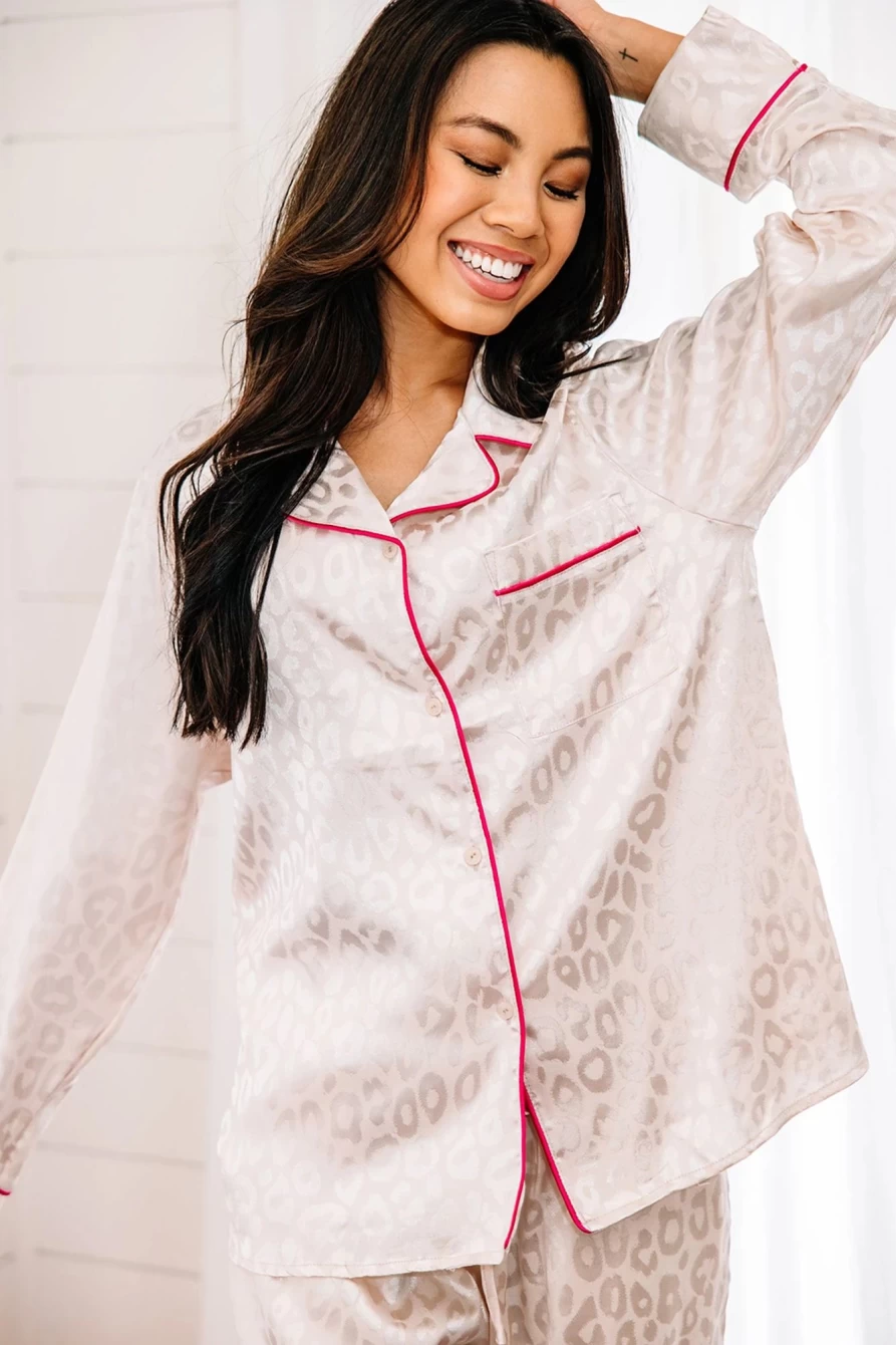 Women's White Satin Leopard Print Pajama Set with Pocketed Pants by Shewin