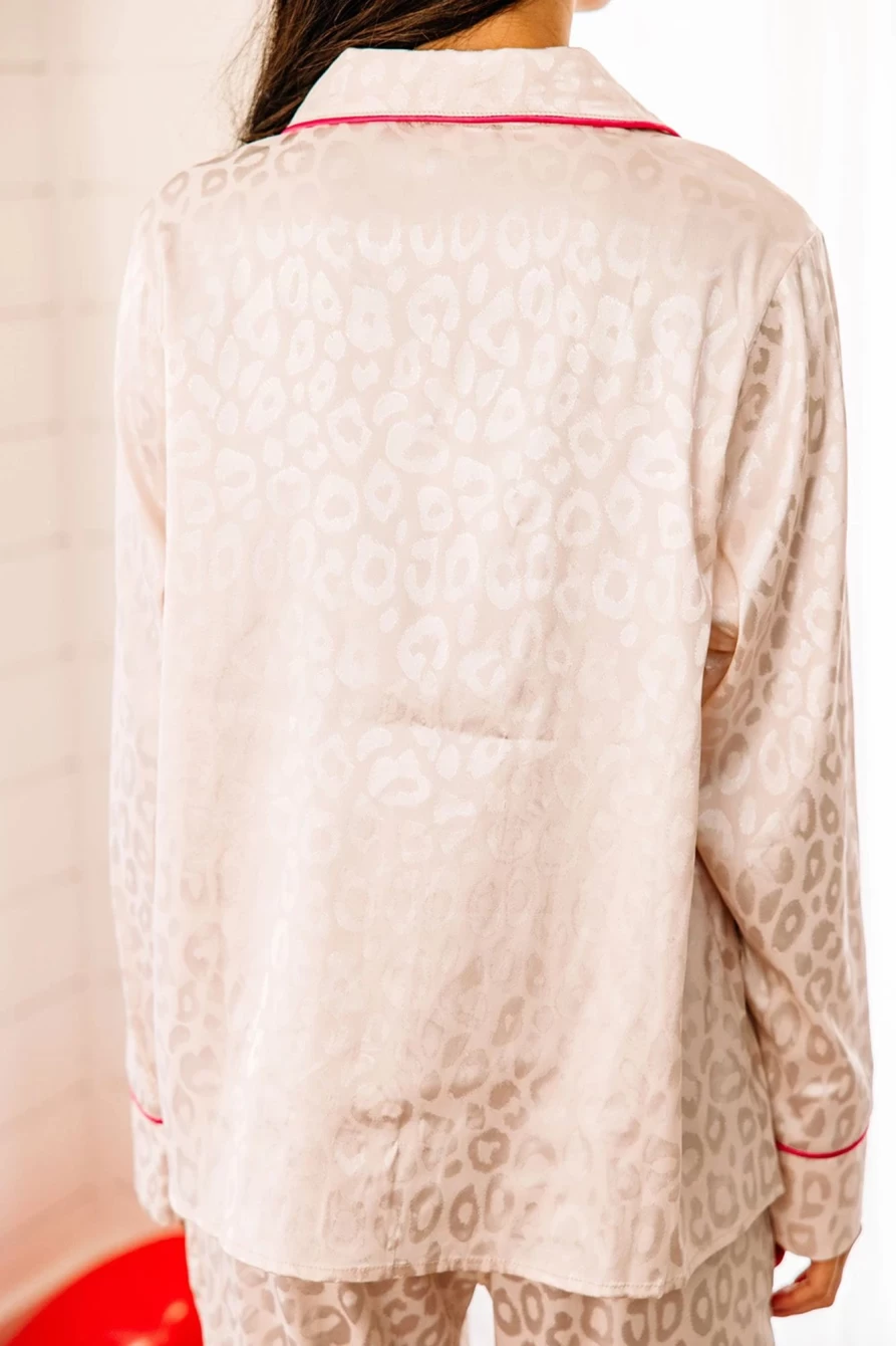 Women's White Satin Leopard Print Pajama Set with Pocketed Pants by Shewin