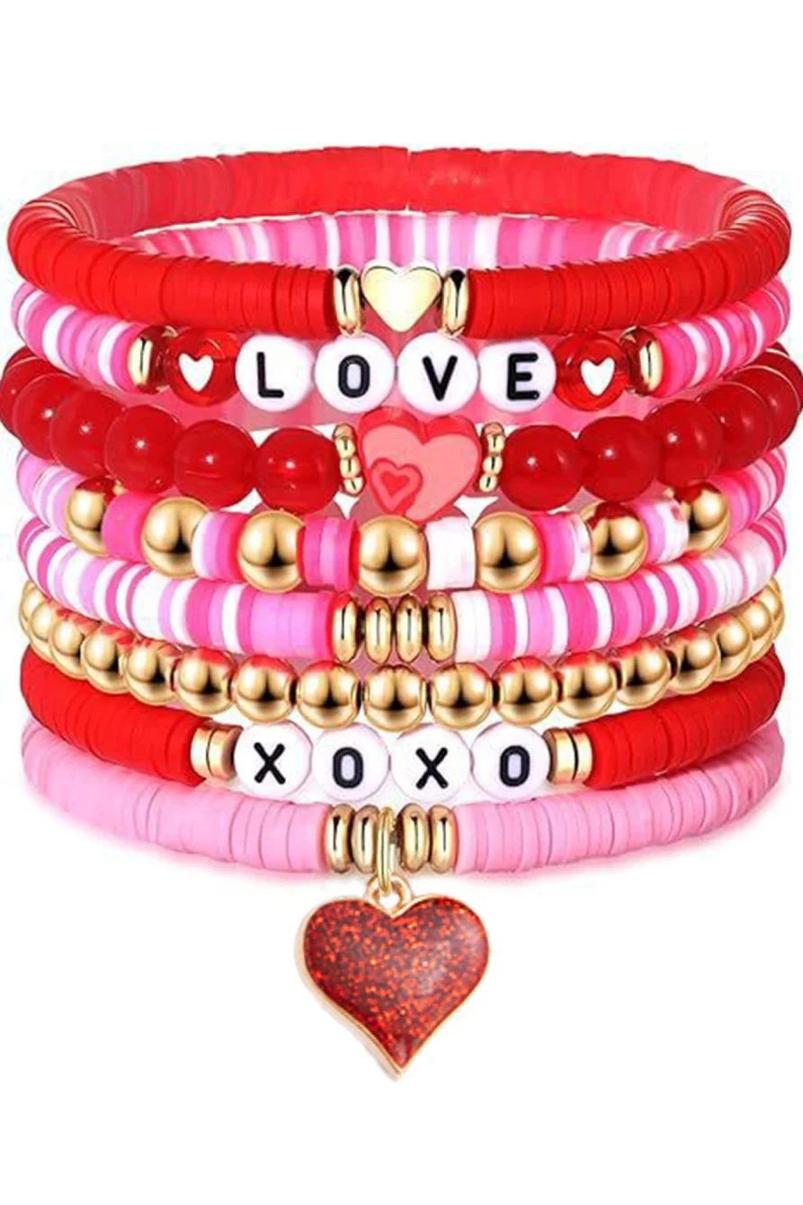 "Shewin Pink Heart Beaded Bracelet Set for Women - Valentine's Love XOXO Gift"