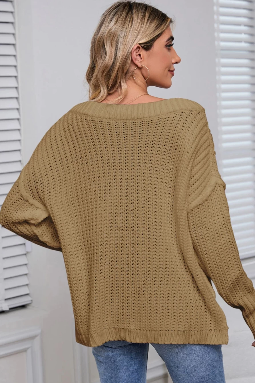 Shewin Women's Apricot Khaki Chunky Knit Slouchy Round Neck Sweater