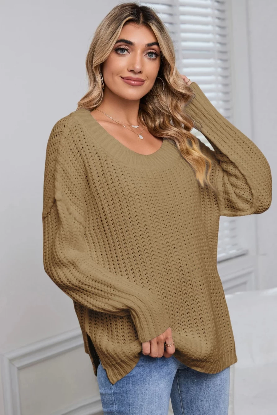 Shewin Women's Apricot Khaki Chunky Knit Slouchy Round Neck Sweater