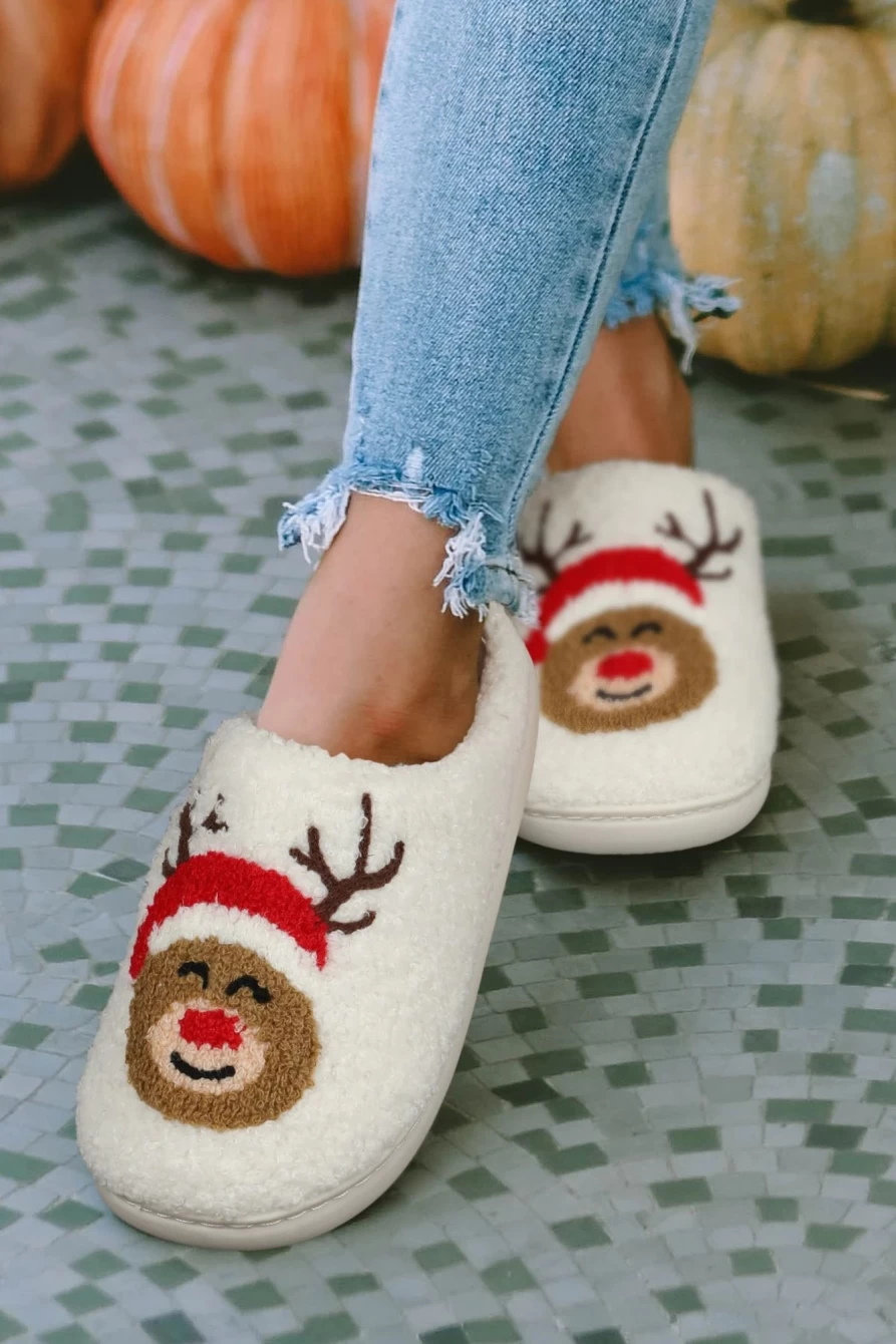 Shewin Women's Snow White Plush Christmas Deer Slippers for Indoor Home Comfort