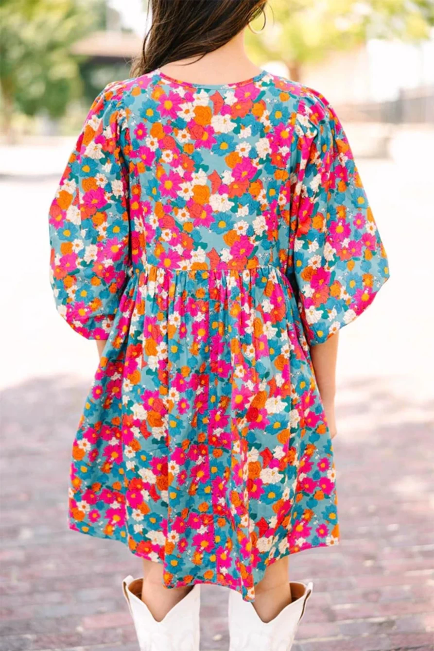 "SheWin Women's Sky Blue Boho Floral Babydoll Dress with V-Neck & Lantern Sleeves"