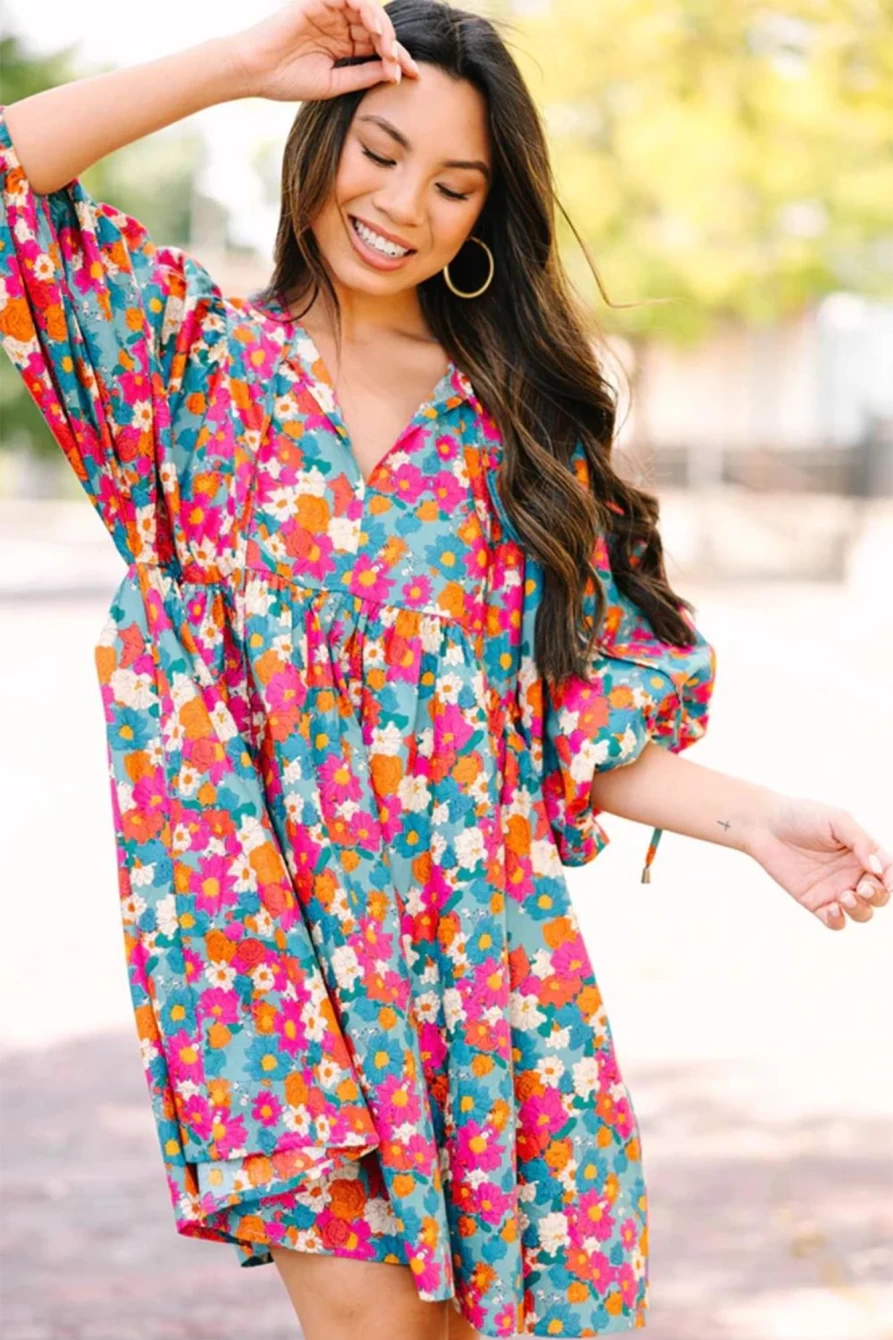 "SheWin Women's Sky Blue Boho Floral Babydoll Dress with V-Neck & Lantern Sleeves"