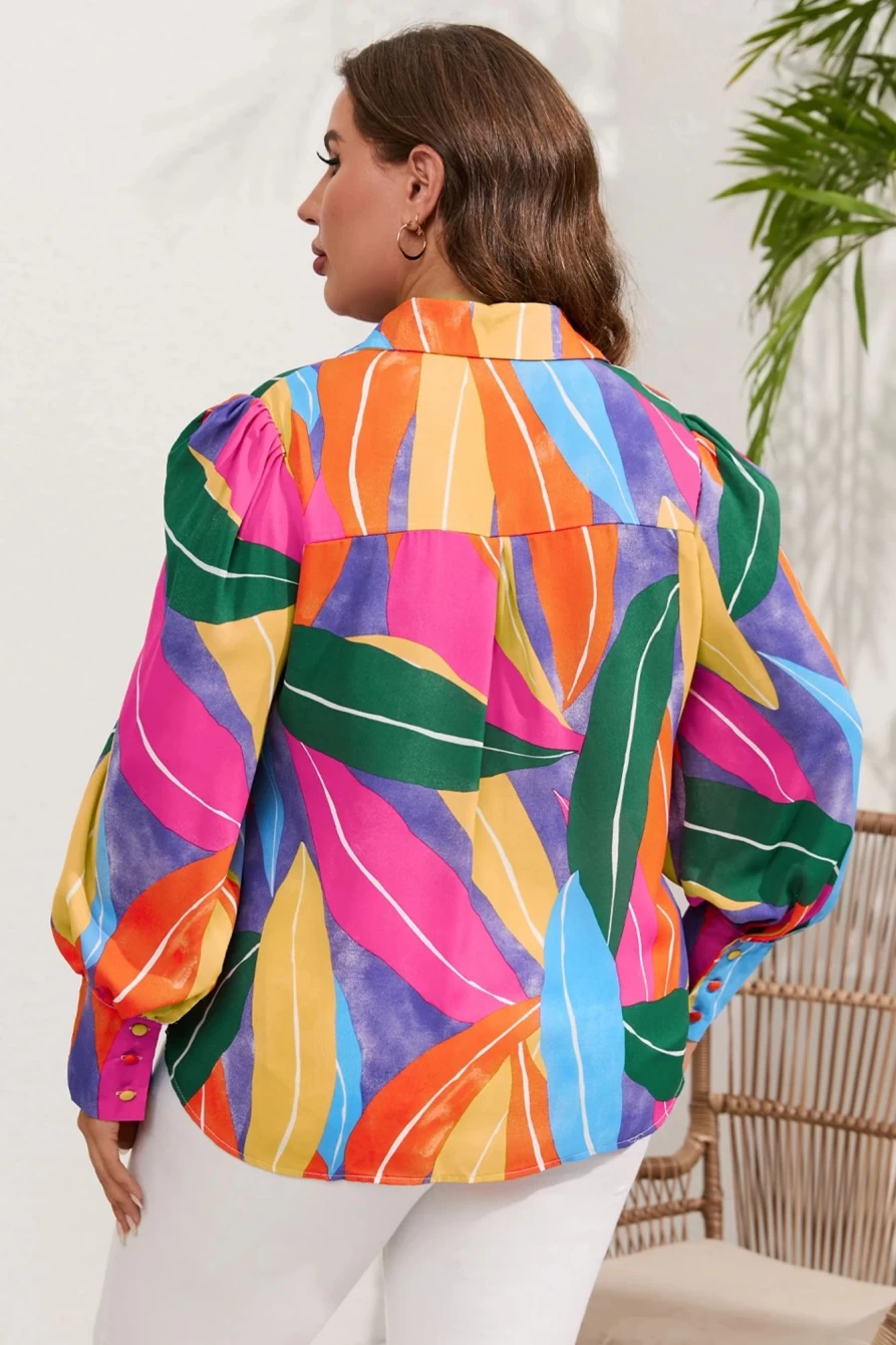 Shewin Women's Plus Size Abstract Print Puff Sleeve Blouse in Multicolor