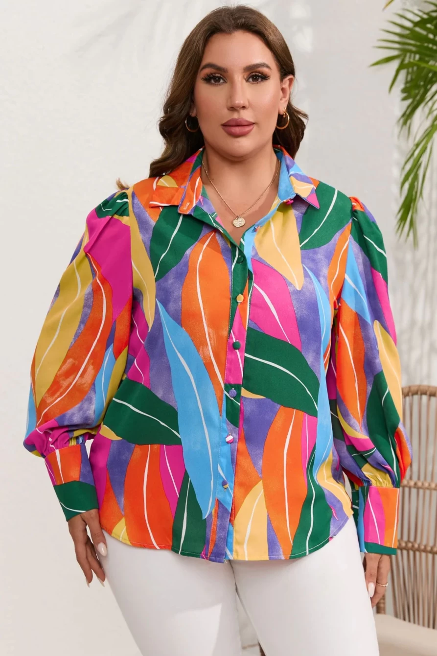 Shewin Women's Plus Size Abstract Print Puff Sleeve Blouse in Multicolor