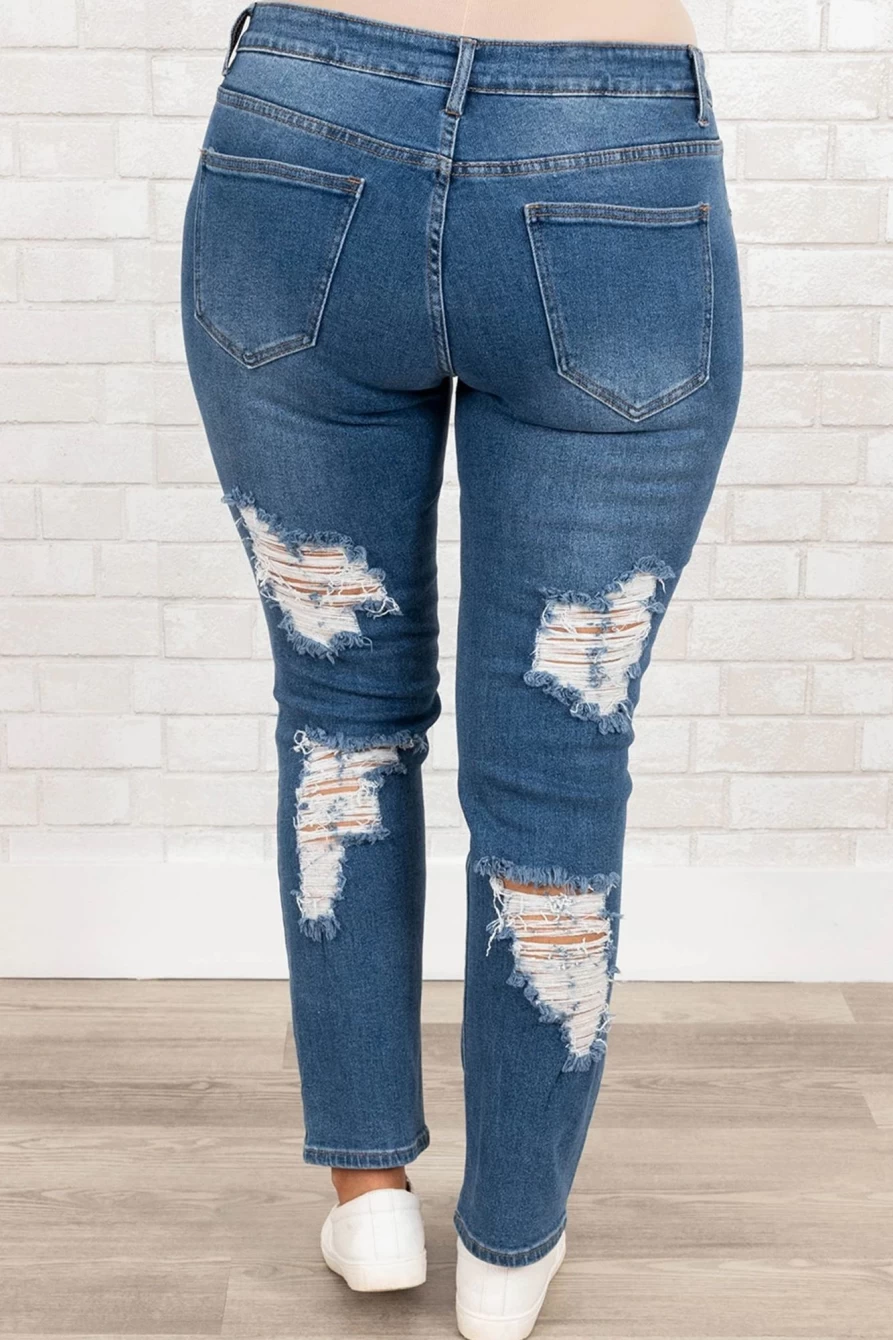 Shewin Women's Plus Size Blue Distressed Ripped Skinny Jeans for a Stylish Look