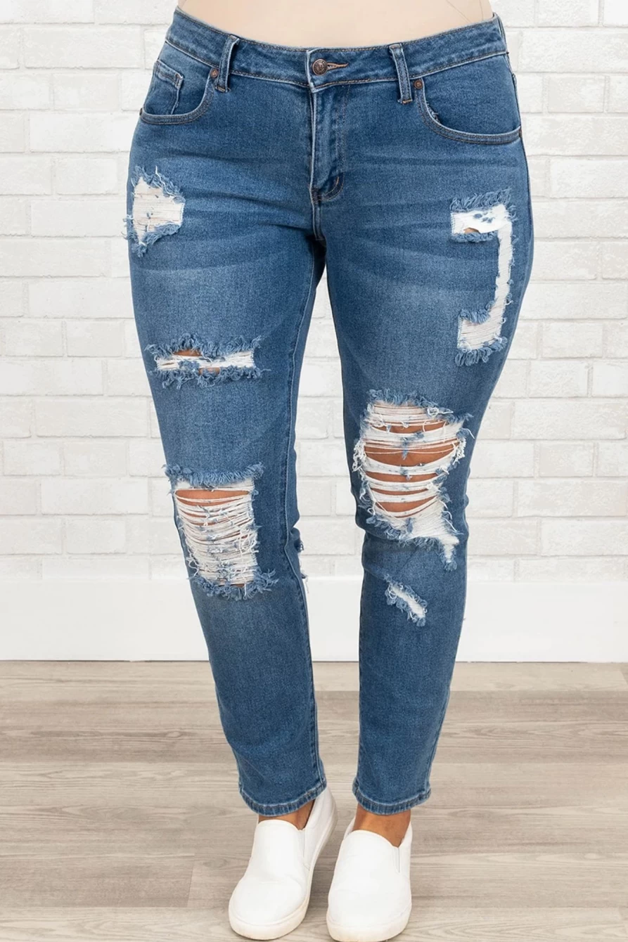 Shewin Women's Plus Size Blue Distressed Ripped Skinny Jeans for a Stylish Look
