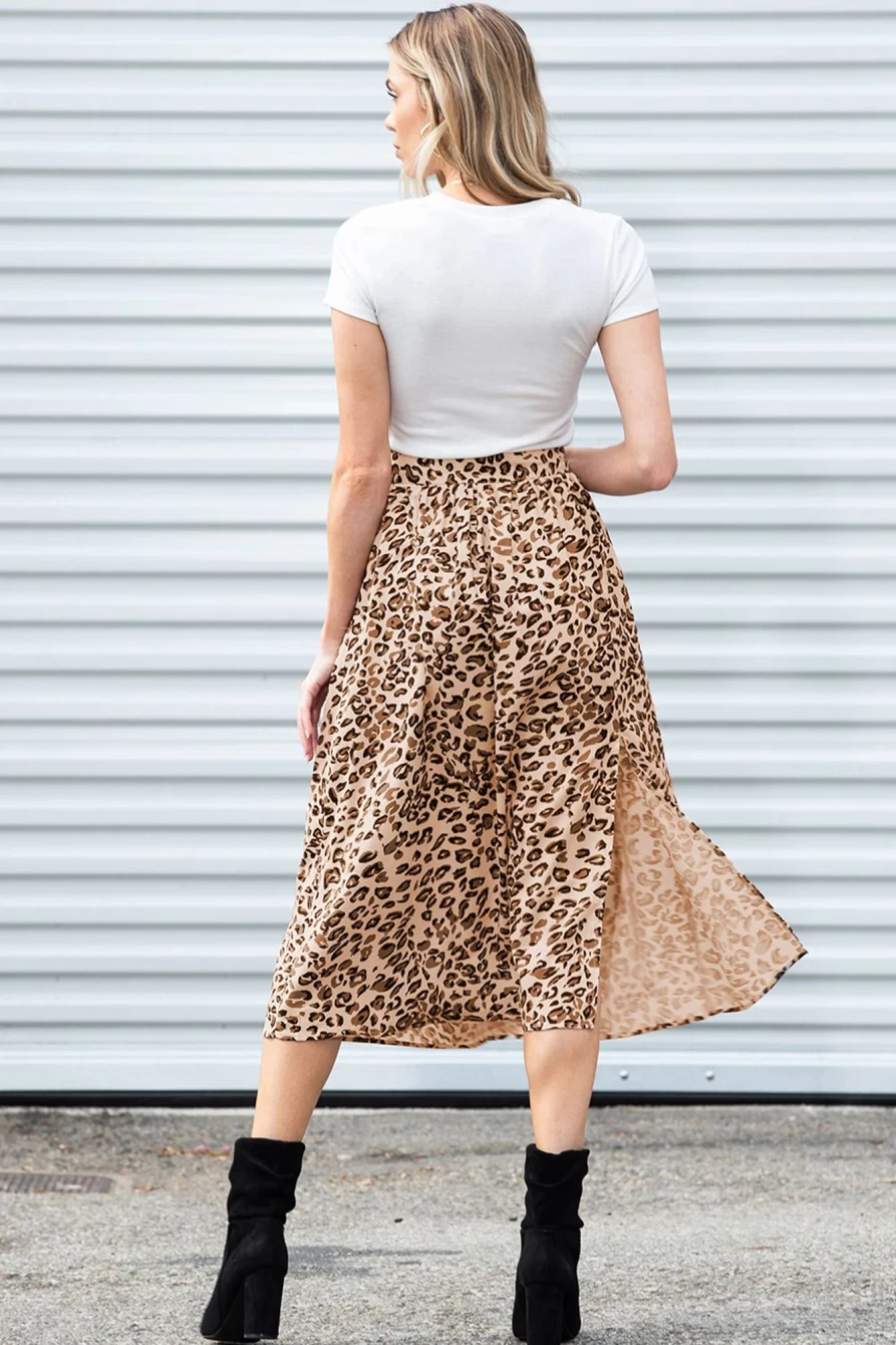 Shewin Women's Leopard Print High Waist Side Slit Long Skirt - Animal Pattern Flowy Maxi Skirt