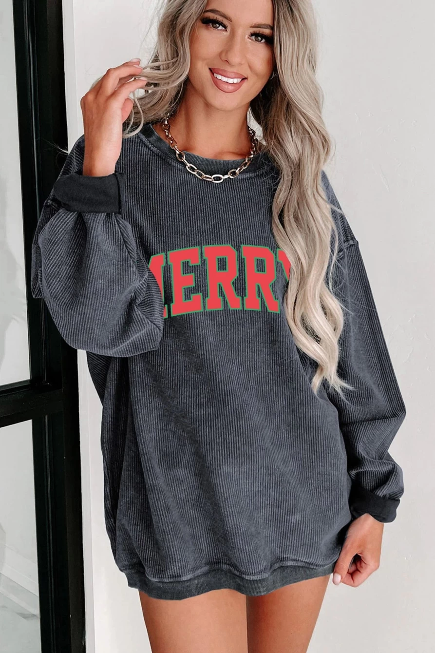 Shewin Women's Gray Merry Graphic Corded Pullover Sweatshirt