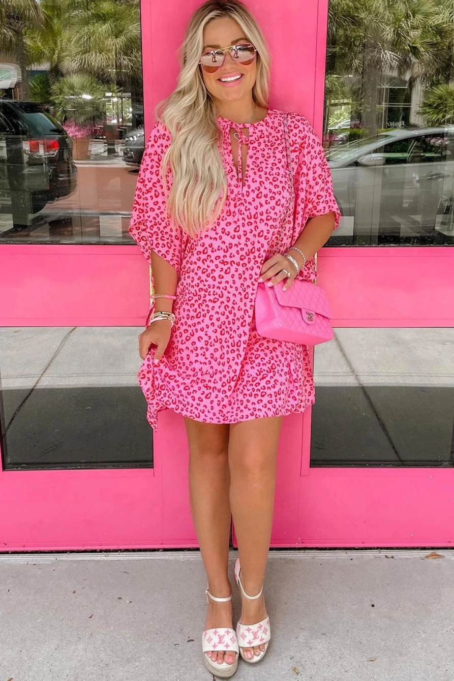 Shewin Women's Leopard Print Keyhole Short Sleeve Casual Dress