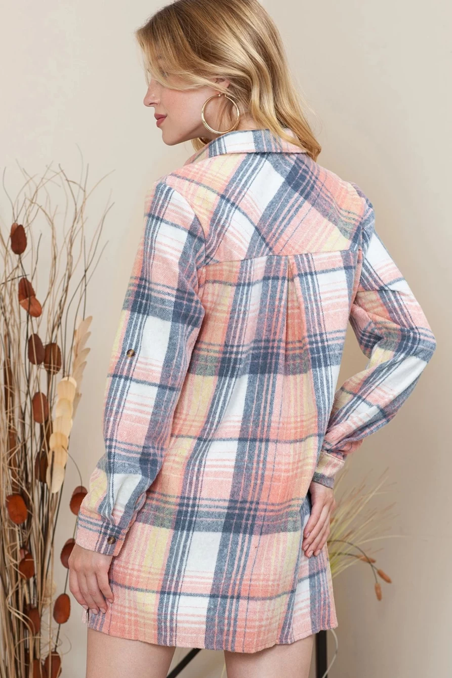 Shewin Women's Pink Plaid Shirt Dress with Roll-Tab Sleeves & Side Slit