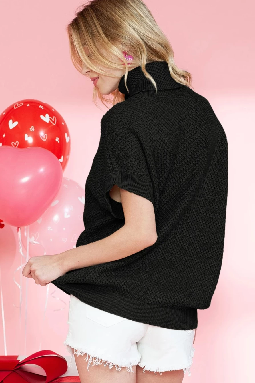 Shewin Women's Black Ribbed Turtleneck Short Sleeve Knit Sweater Textured Top