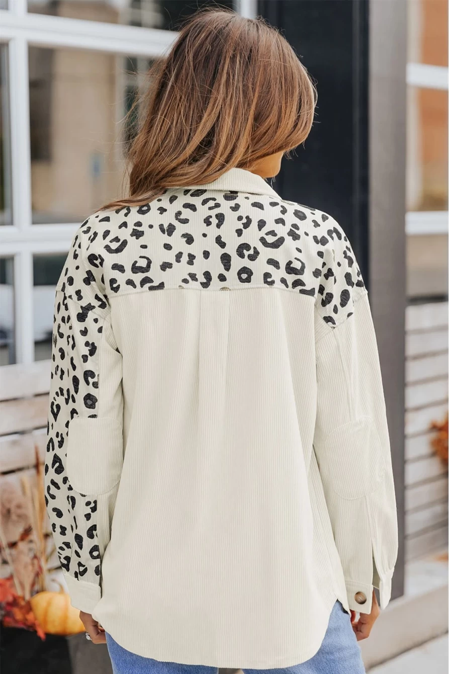 Shewin Women's Apricot Leopard Print Corduroy Shacket with Pockets