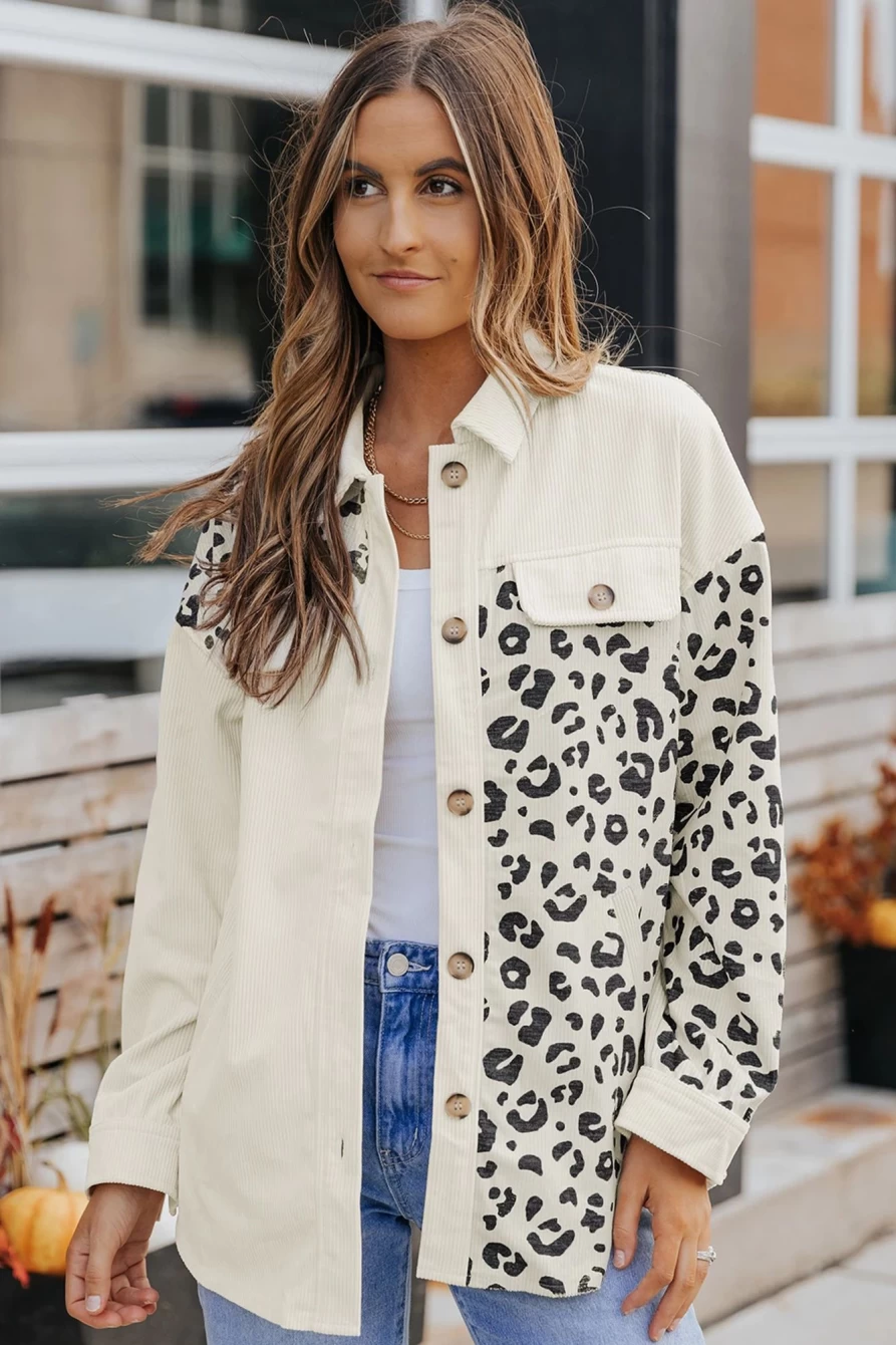 Shewin Women's Apricot Leopard Print Corduroy Shacket with Pockets