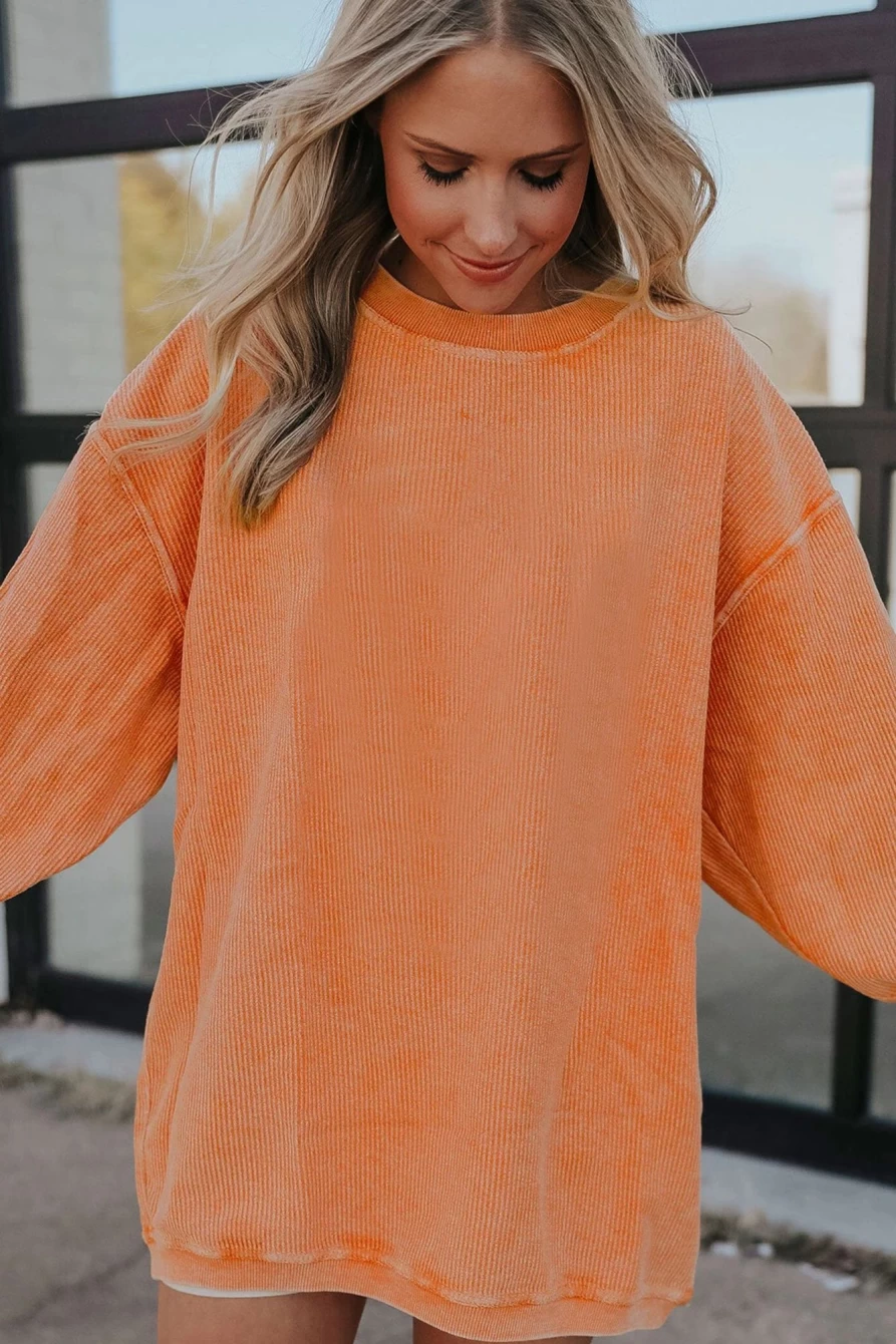 Shewin Women's Orange Oversized Drop Sleeve Rib-Knit Sweatshirt - Plain Casual Pullover