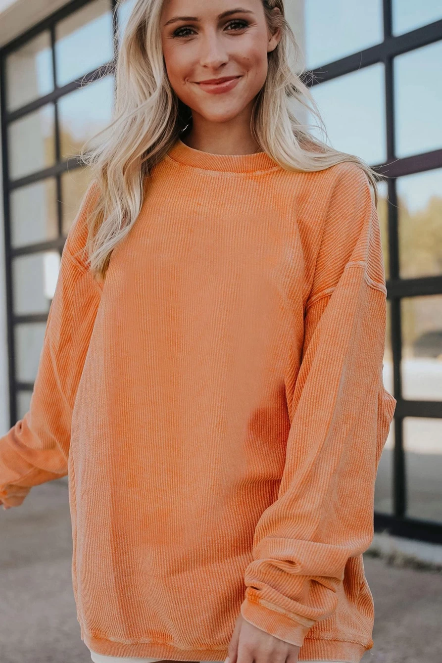 Shewin Women's Orange Oversized Drop Sleeve Rib-Knit Sweatshirt - Plain Casual Pullover