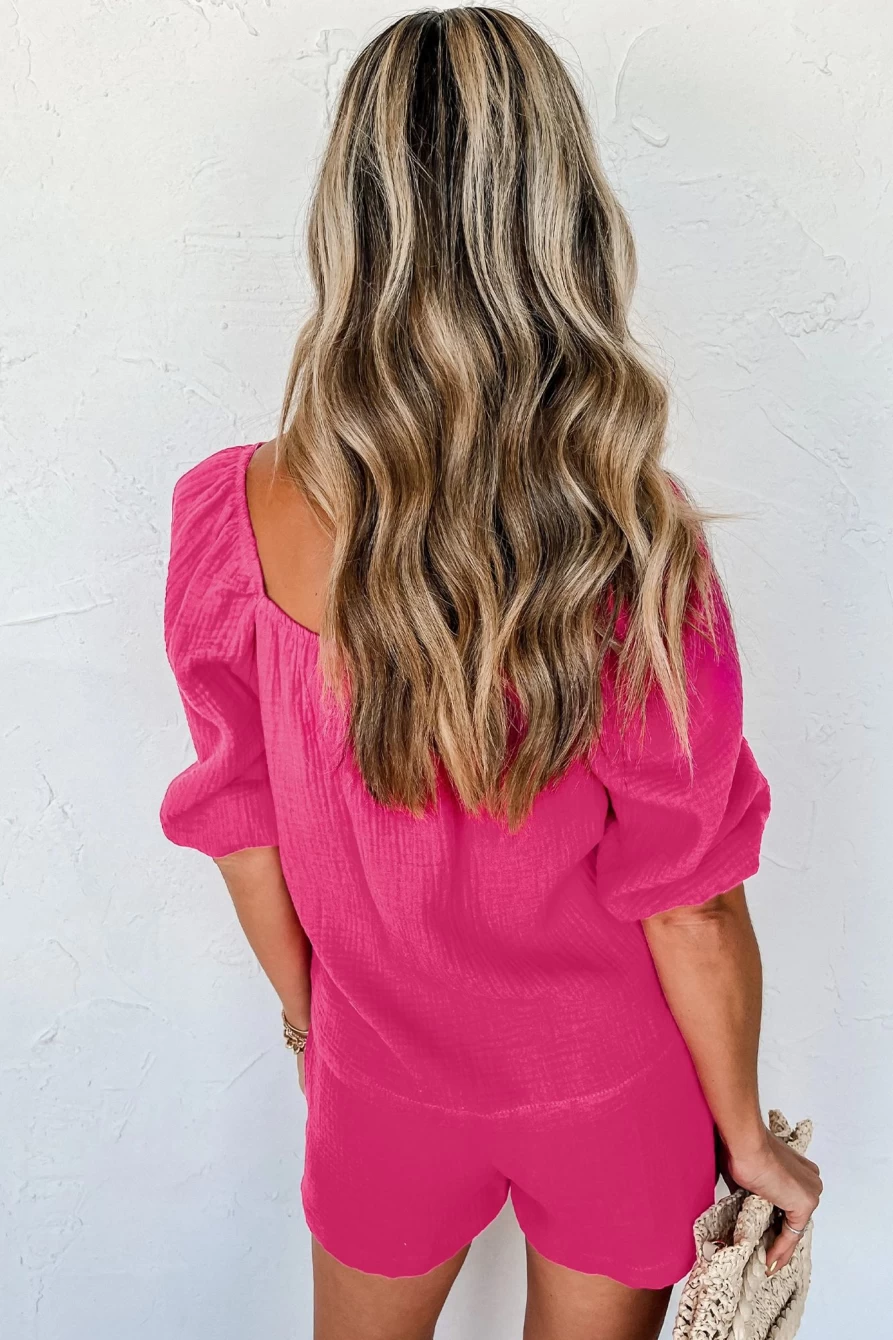 Shewin Women's Bright Pink Textured Square Neck Puff Sleeve Top and Shorts Set