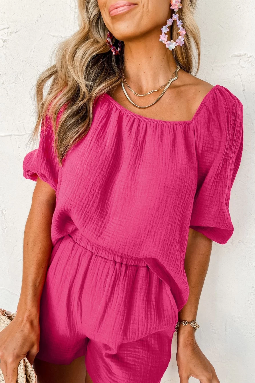 Shewin Women's Bright Pink Textured Square Neck Puff Sleeve Top and Shorts Set