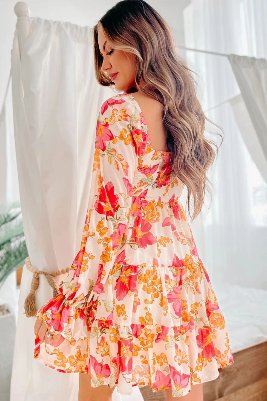 Shewin Women's Red Floral Smocked Tie High Waist Short Dress - Elegant Summer Outfit