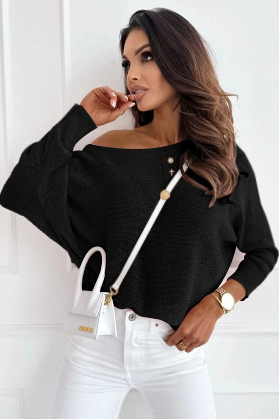 Shewin Women's Black Ribbon Bow Knot Dolman Sleeve Sweater