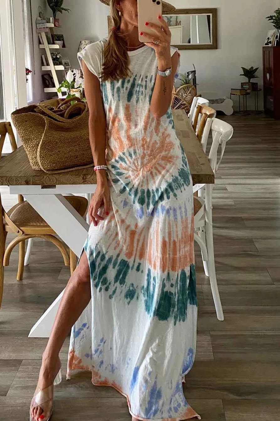 Shewin Women's White Tie-Dye Sleeveless Dress with High Slit