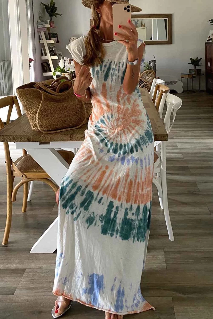 Shewin Women's White Tie-Dye Sleeveless Dress with High Slit
