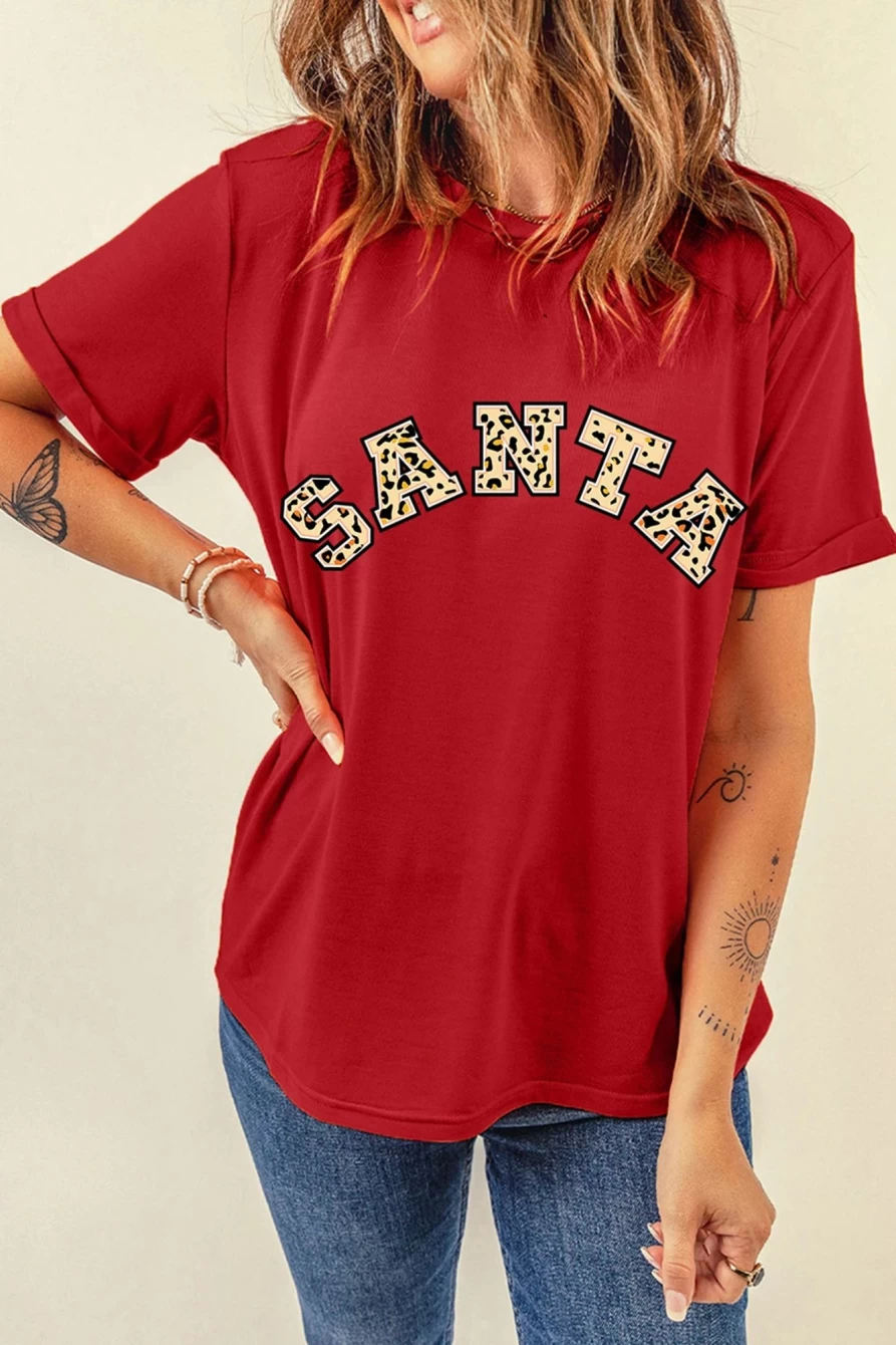 Shewin Women's Red Leopard Print Santa Graphic Round Neck T-Shirt