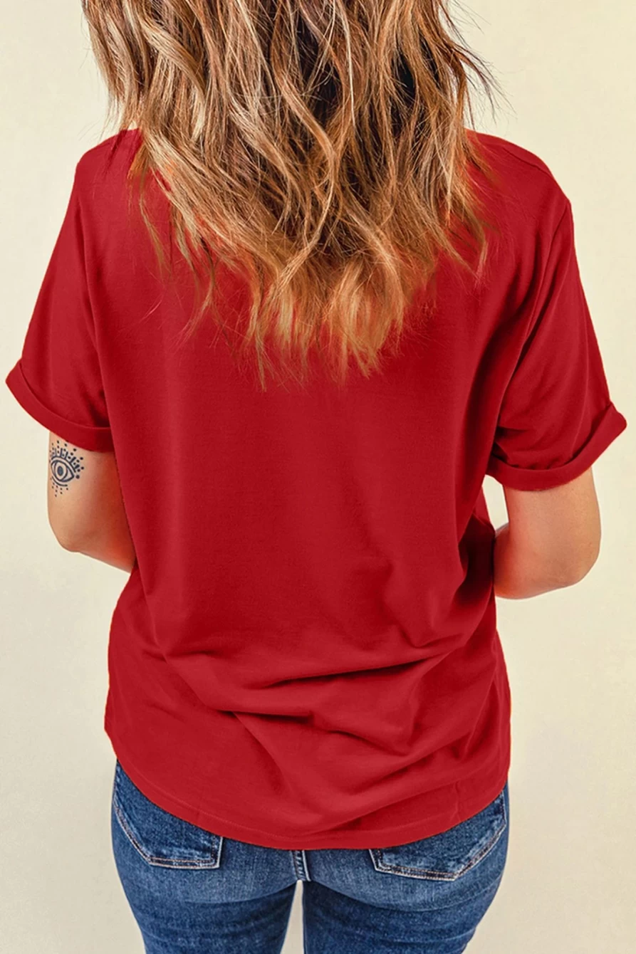 Shewin Women's Red Leopard Print Santa Graphic Round Neck T-Shirt