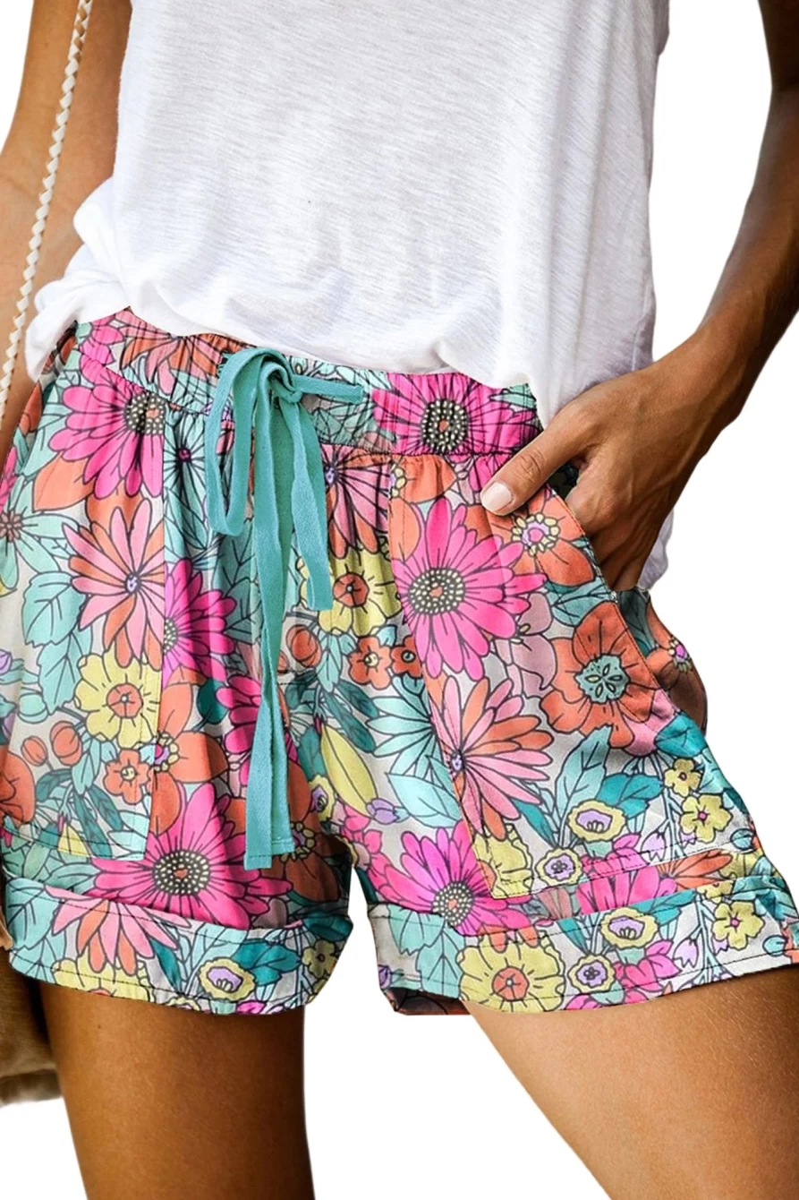 Shewin Women's Multicolor Floral Print Elastic Waist Summer Shorts