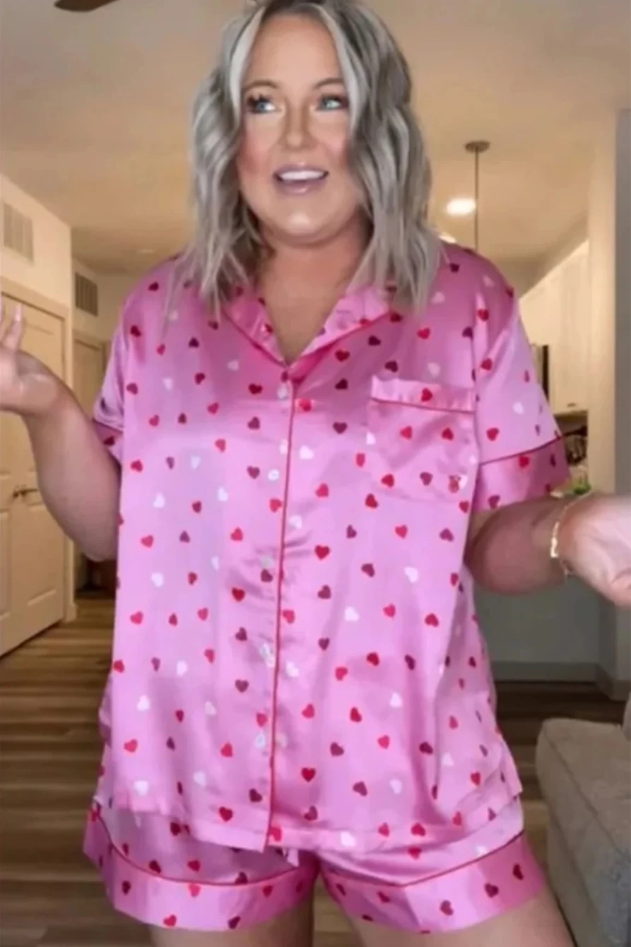 Shewin Women's Pink Plus Size Valentine Heart Print Pajama Set