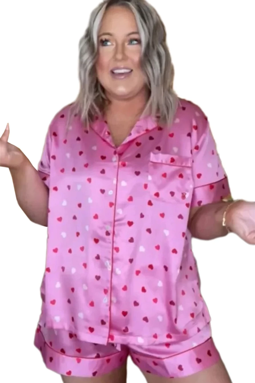 Shewin Women's Pink Plus Size Valentine Heart Print Pajama Set