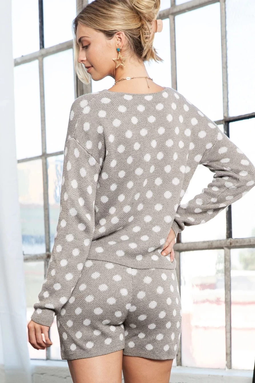 Shewin Women's Khaki Polka Dot Notch Neck Two Piece Shorts Set