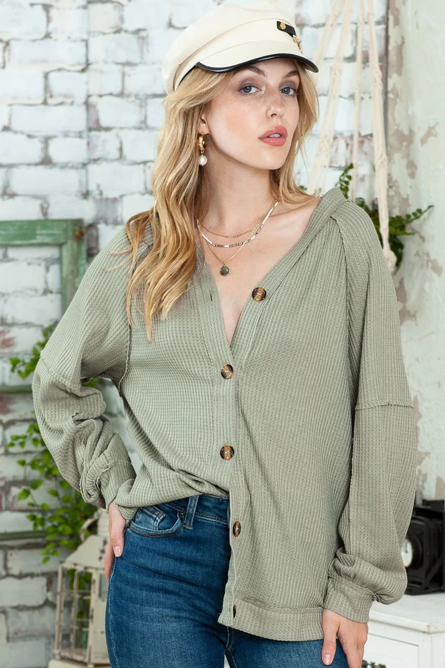 Women's Green Waffle Knit Cardigan with Exposed Seam & Button Front - SHEWIN