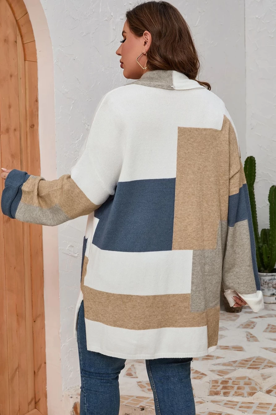 Shewin Women's Plus Size Multicolor Colorblock Knit Cardigan Sweater