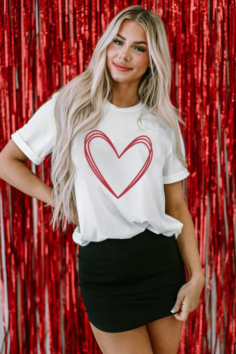 "SheWin Women's White Valentine's Day Heart Sketch Graphic Tee - Romantic Repeated Heart Print T-Shirt"
