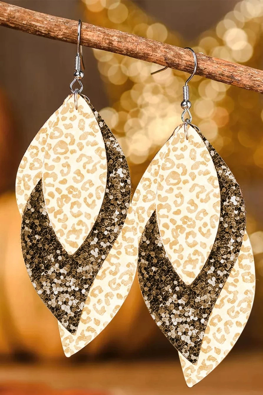 Shewin Leopard Sequin Leafy Layered Hook Earrings for Women