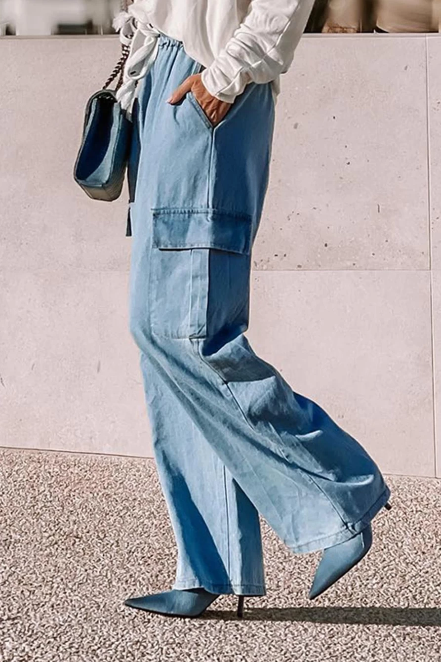 Shewin Women's Sky Blue High Waist Drawstring Cargo Pocket Wide Leg Jeans