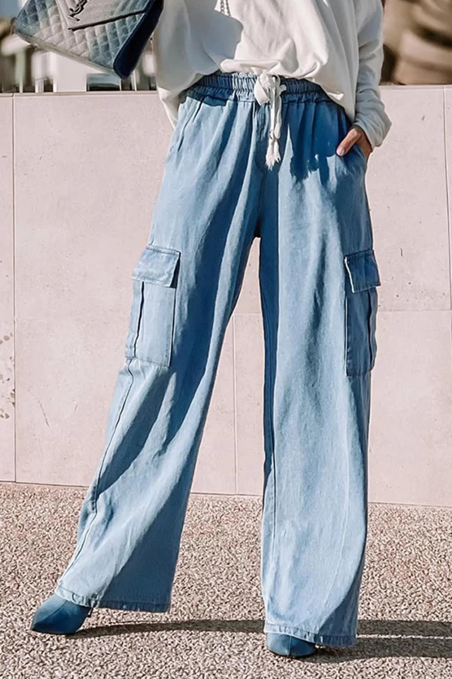 Shewin Women's Sky Blue High Waist Drawstring Cargo Pocket Wide Leg Jeans