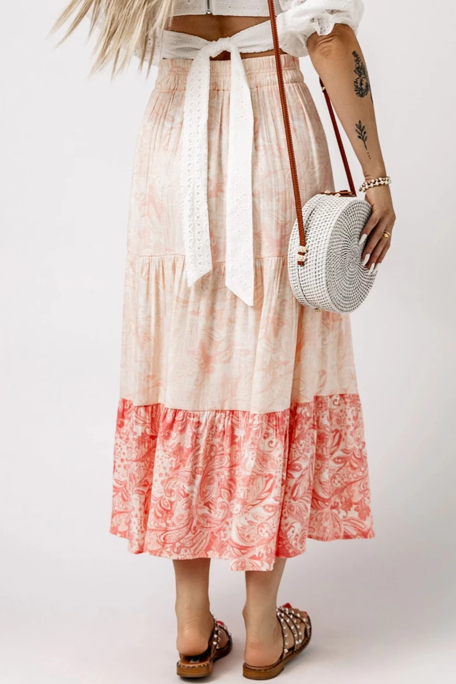 Shewin Women's Pink Floral Boho Maxi Skirt with Ruffle Hem and Tiered Design